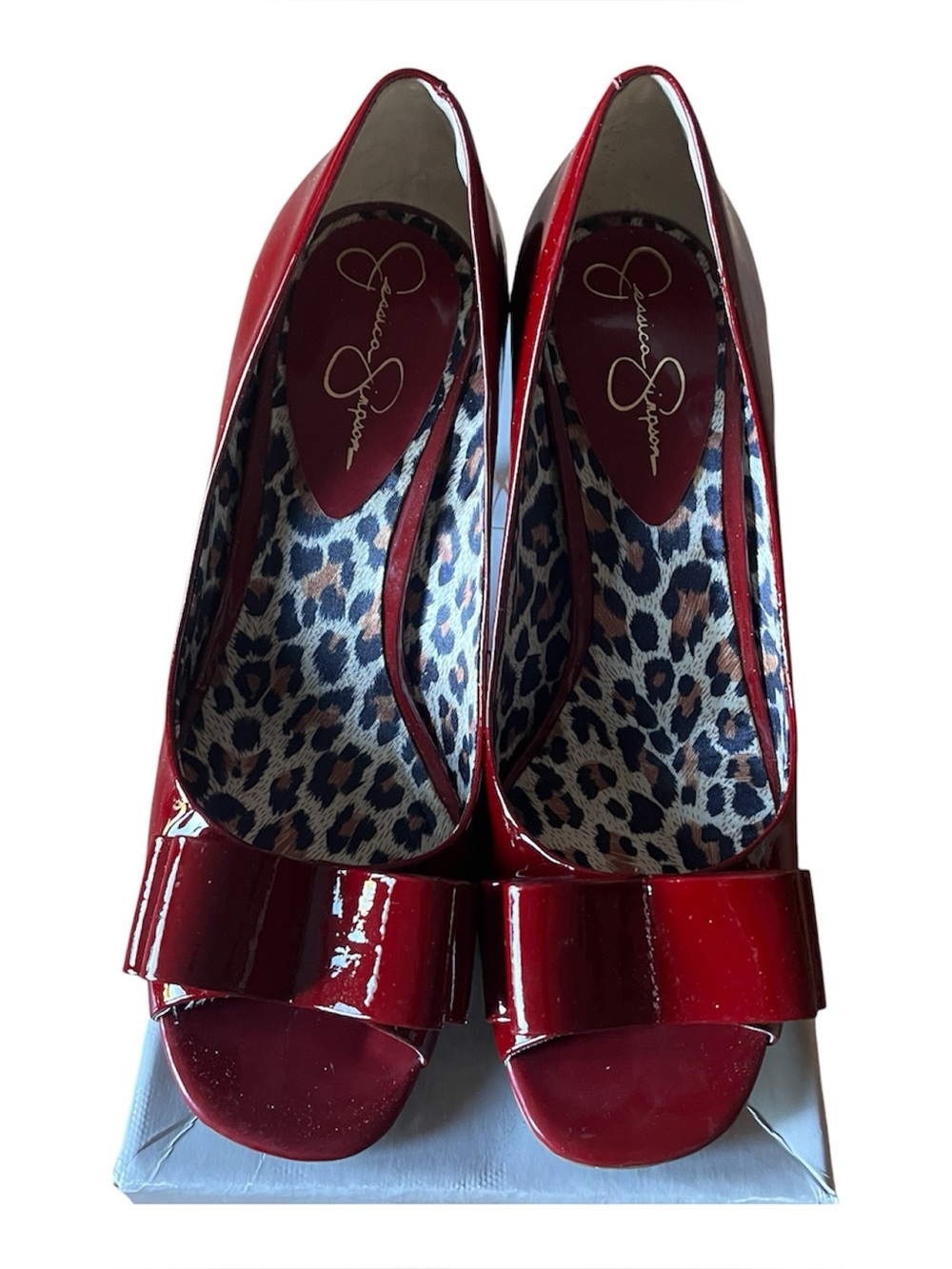 Jessica Simpson Kendale Chili Patent Peep-Toe Heels with Bow Accent 8M